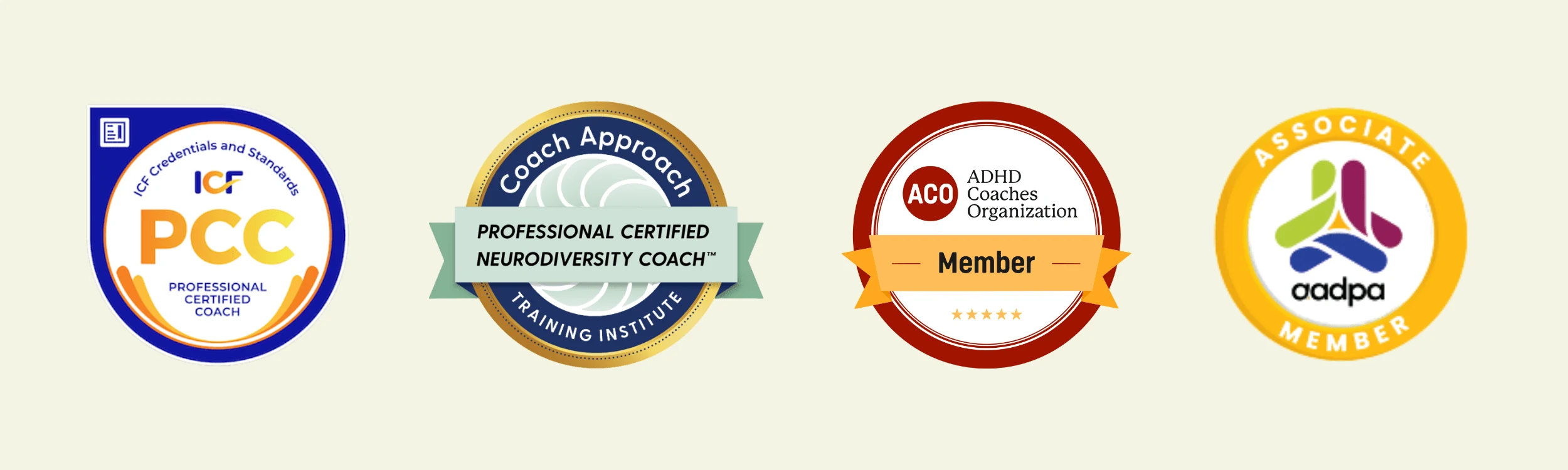 Accreditation Badges: ICF PCC Professional Certified Coach, Coach Approach Training Institute PCNC, ADHD Coaches Organization Member, AADPA Associate Member