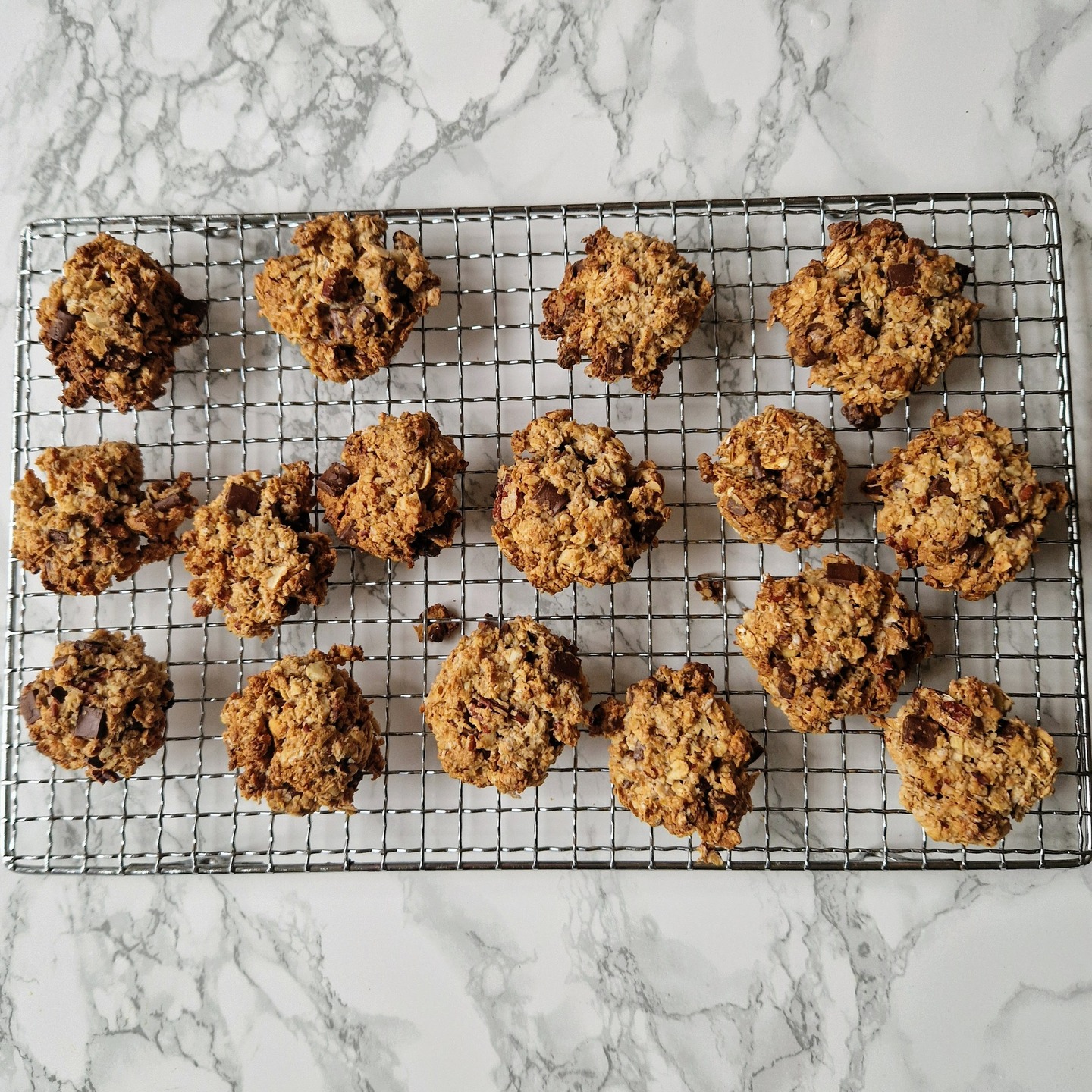 Oat and chocolate cookies on wire cooling rack